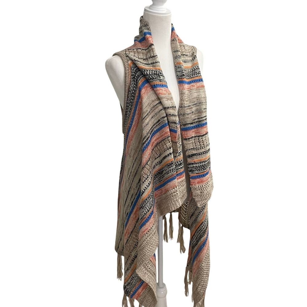 Lildy Vintage Knit Striped Fringe Accent Open Draped Sweater Vest Sz L- XL